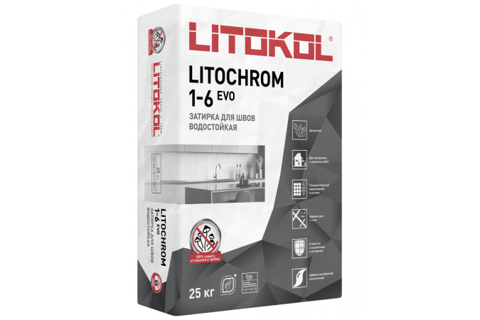 Фото Влагостойкая цементная затирка с противогрибковыми свойствами LITOCHROM 1-6 EVO LE.140 мокрый асфальт 25кг - 1