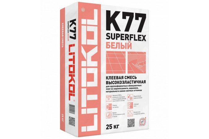 Фото Клей высокоэластичный для плитки, керамогранита и камня SUPERFLEX K77 БЕЛЫЙ (класс С2 TE S1) 25кг - 1