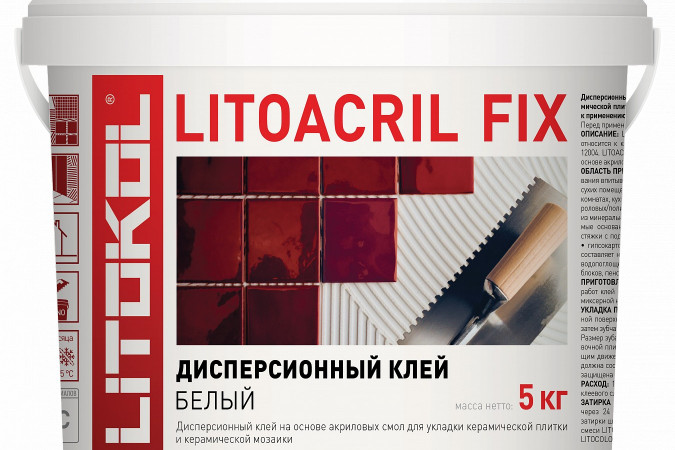 Фото Клей дисперсионный белый для керамической плитки и мозаики Литоакрил Фикс (класс D1) 5кг, белый - 1