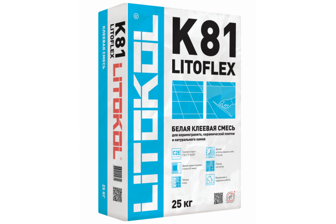 Клей, усиленный фиброволокном, для плитки, керамогранита и камня LITOFLEX K81 (класс С2 Е) 25кг