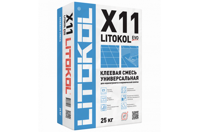 Клей, усиленный фиброволокном, для плитки, керамогранита и камня LITOKOL X11 EVO (класс С1) 25кг